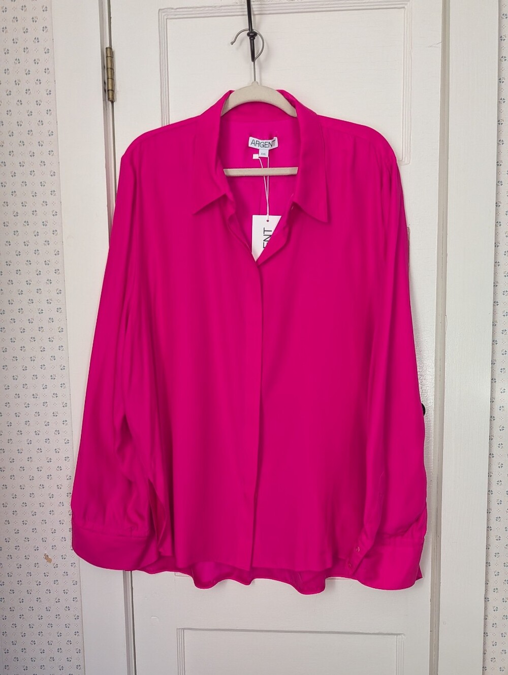 Argent Silk Blouse Hot Pink Button Front Blouse Long Sleeve Office Career XXL